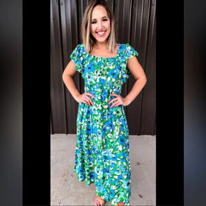 By the River brand size small floral off the shoulder green blue midi.​​ NWOT